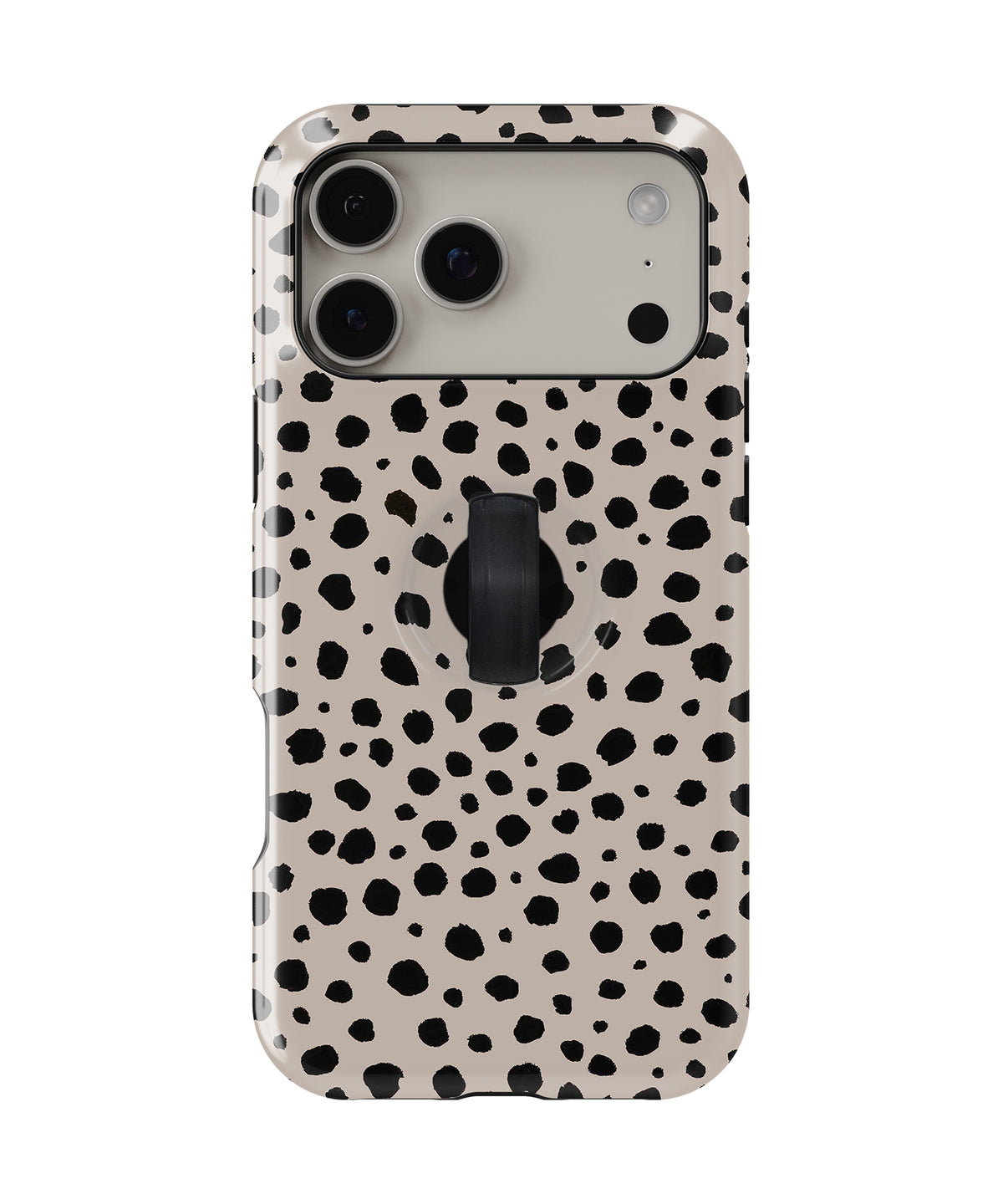 Black Dalmatian Spot MagSafe Loop iPhone Case with built-in finger loop closed