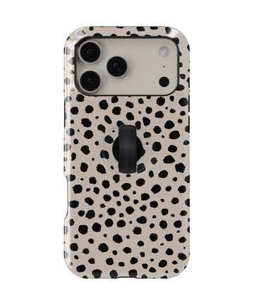 Black Dalmatian Spot MagSafe Loop iPhone Case with built-in finger loop closed