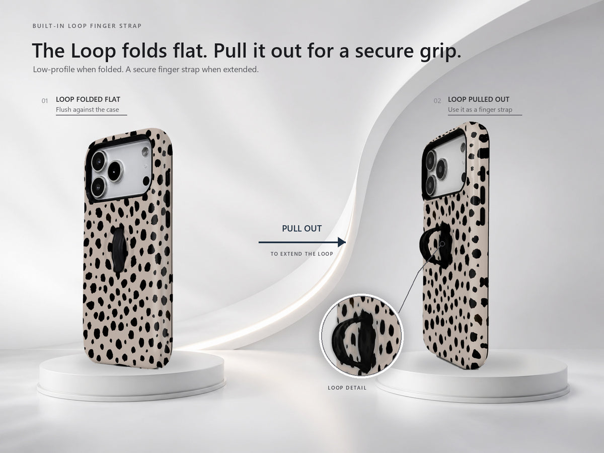 Black Dalmatian Spot MagSafe Loop iPhone Case side view showing the built-in finger loop