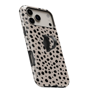 Black Dalmatian Spot MagSafe Loop iPhone case with built-in finger loop open