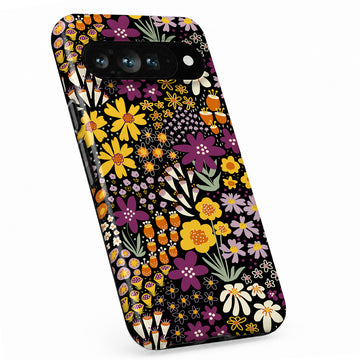 Black Folk Garden Floral Google Pixel case with botanical flowers and leaves