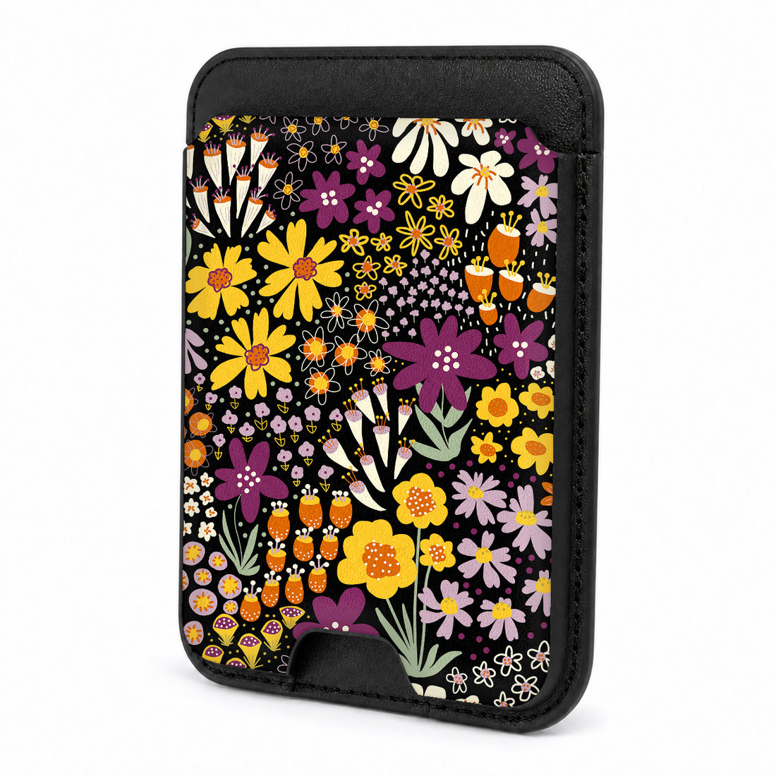 Front view of the Black Folk Garden Floral MagSafe card holder on a white background