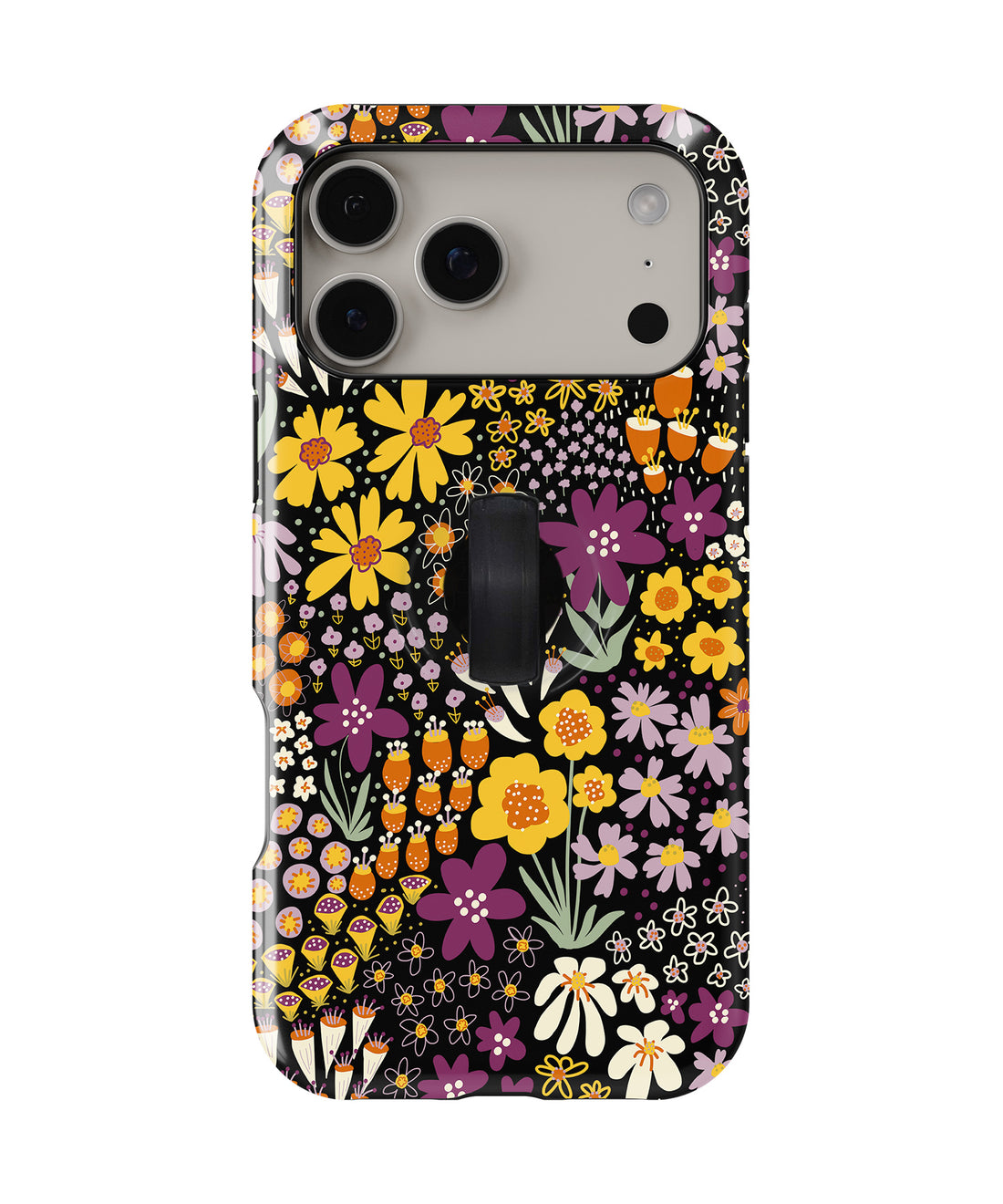 Black Folk Garden Floral MagSafe Loop iPhone Case with built-in finger loop closed