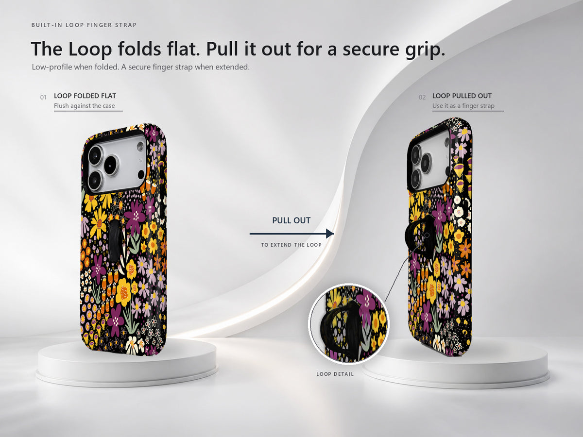 Black Folk Garden Floral MagSafe Loop iPhone Case side view showing the built-in finger loop