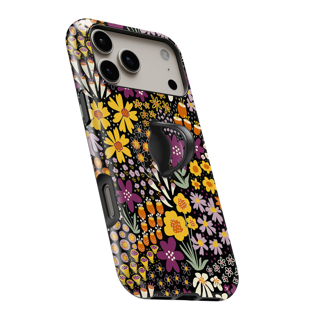 Black Folk Garden Floral MagSafe Loop iPhone case with built-in finger loop open