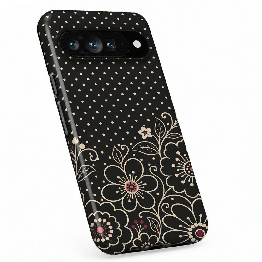 Black Pink Henna Floral Google Pixel case with botanical flowers and leaves