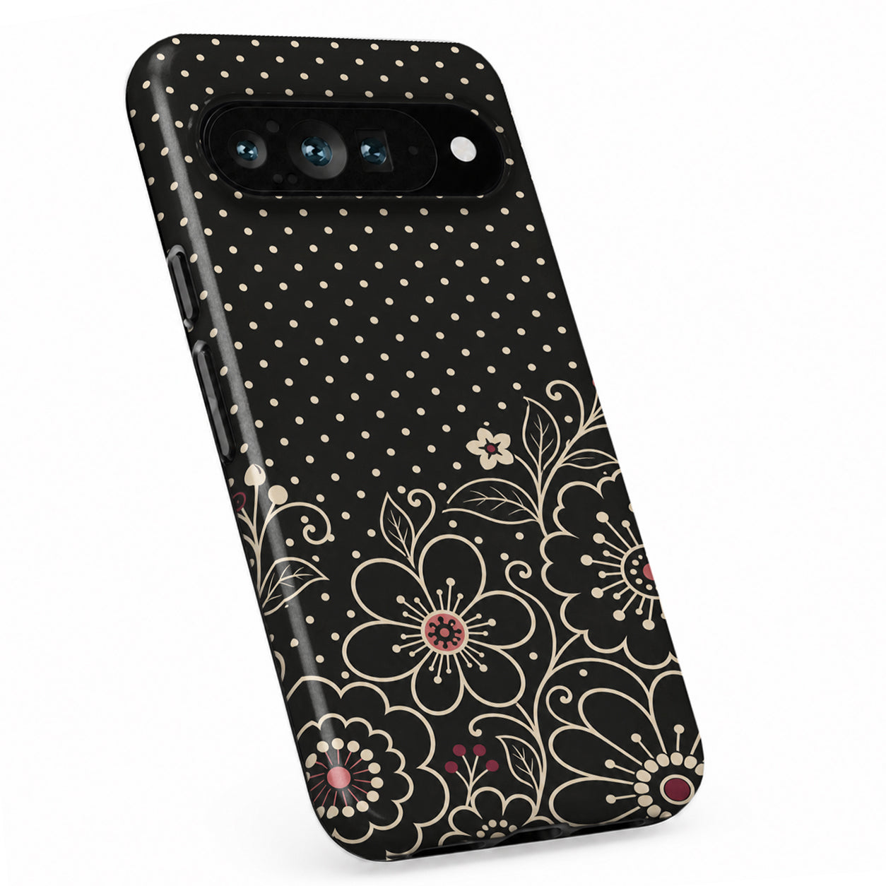 Black Pink Henna Floral Google Pixel case with botanical flowers and leaves