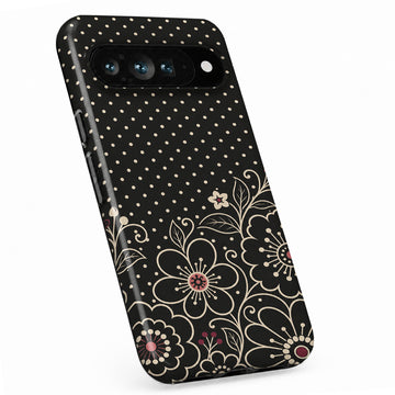 Black Pink Henna Floral Google Pixel case with botanical flowers and leaves