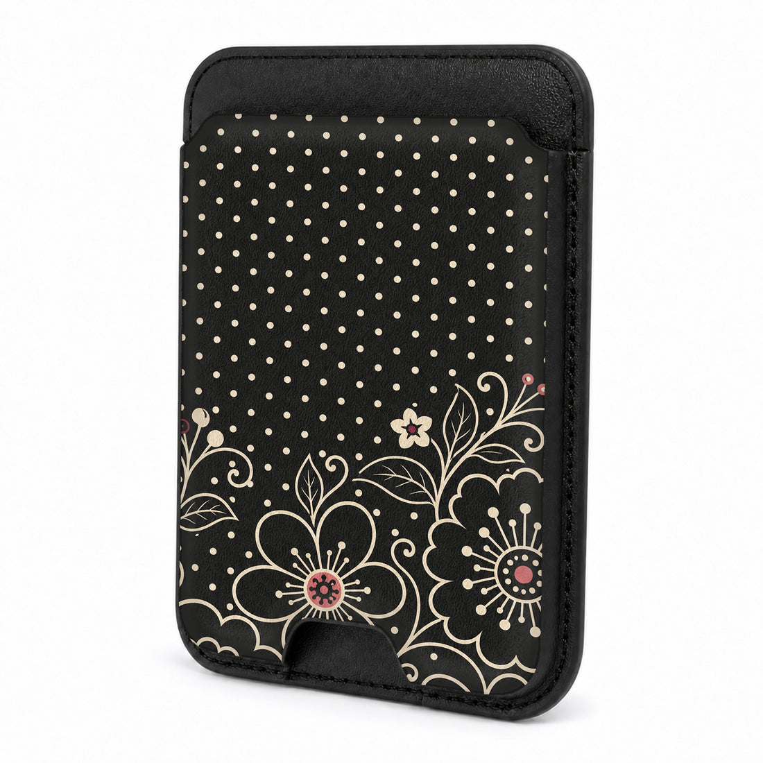 Front view of the Black Pink Henna Floral MagSafe card holder on a white background