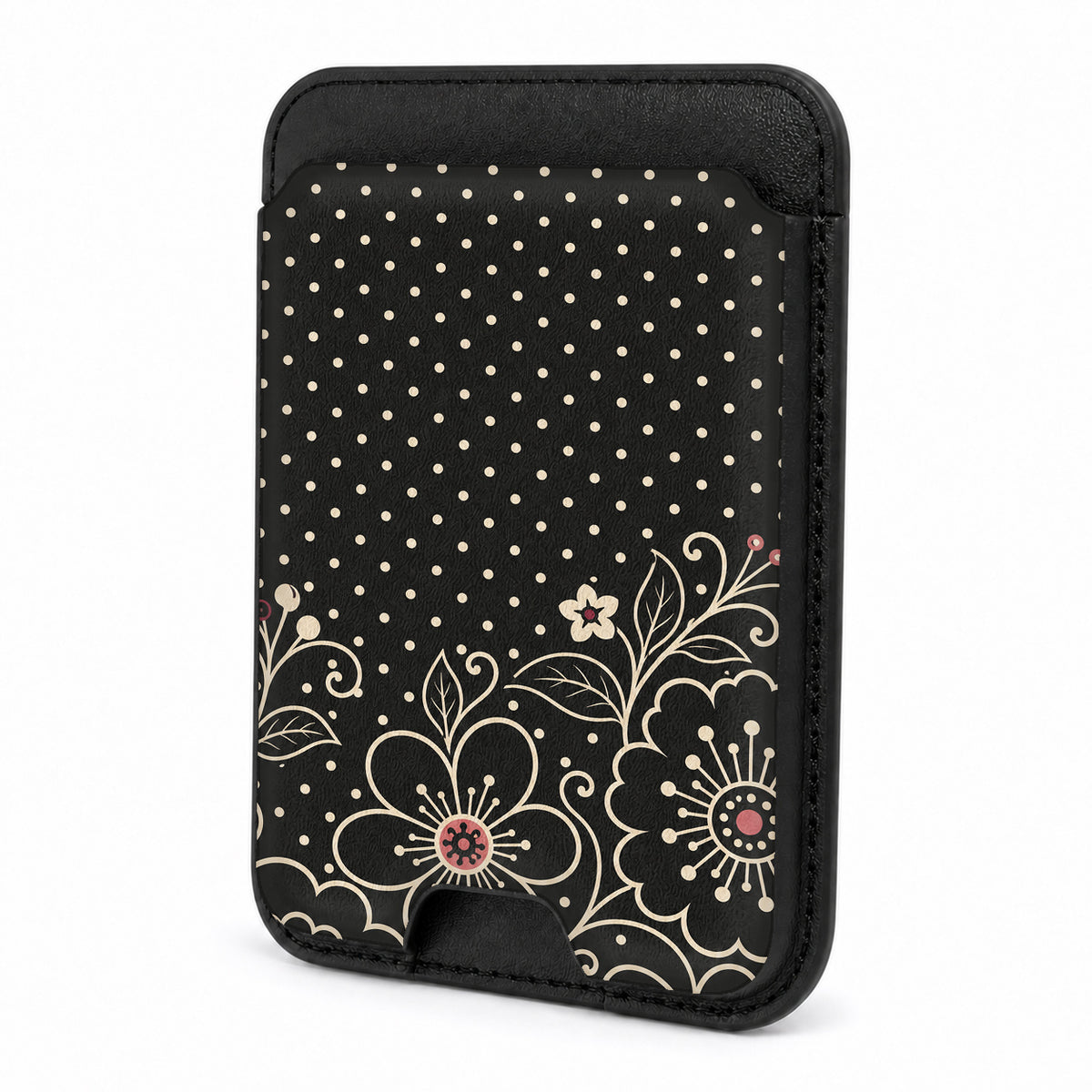 Front view of the Black Pink Henna Floral MagSafe card holder on a white background