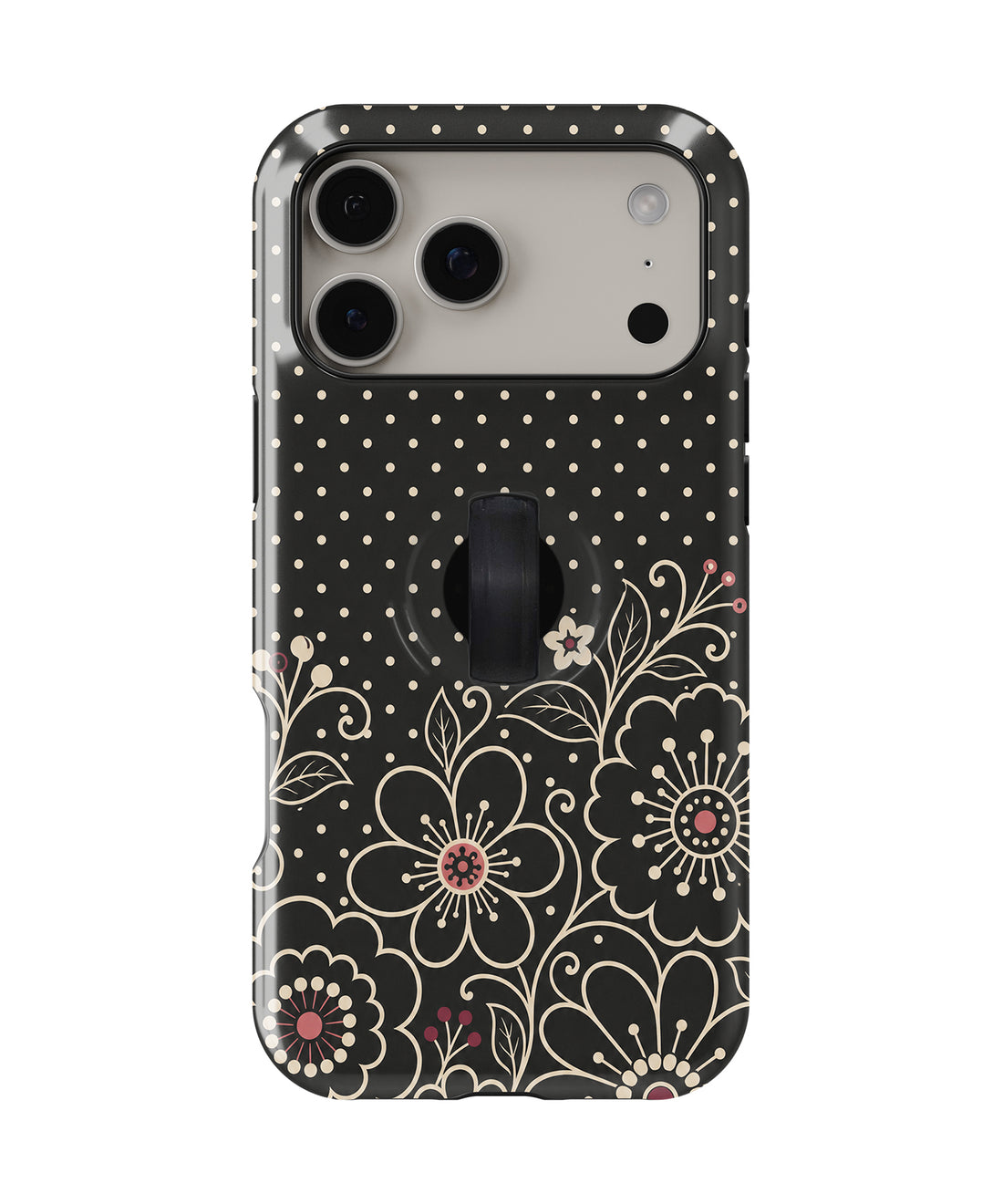 Black Pink Henna Floral MagSafe Loop iPhone Case with built-in finger loop closed