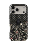 Black Pink Henna Floral MagSafe Loop iPhone Case with built-in finger loop closed