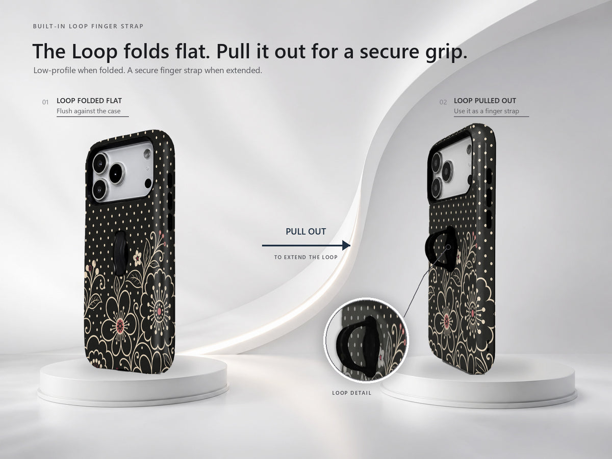 Black Pink Henna Floral MagSafe Loop iPhone Case side view showing the built-in finger loop