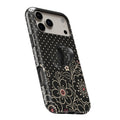 Black Pink Henna Floral MagSafe Loop iPhone case with built-in finger loop open
