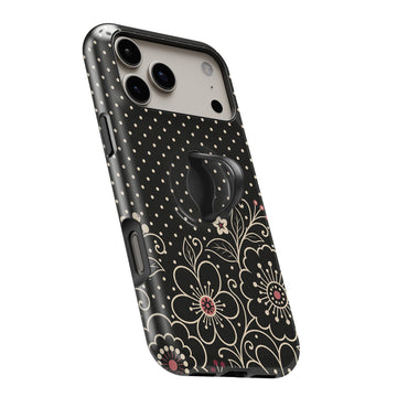 Black Pink Henna Floral MagSafe Loop iPhone case with built-in finger loop open