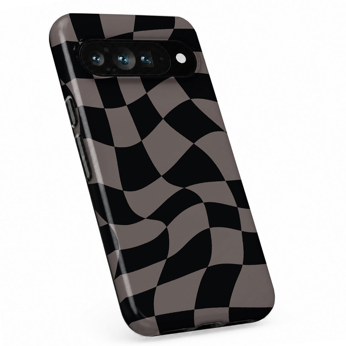 Black Taupe Wavy Checkerboard Google Pixel case with repeating checkerboard blocks