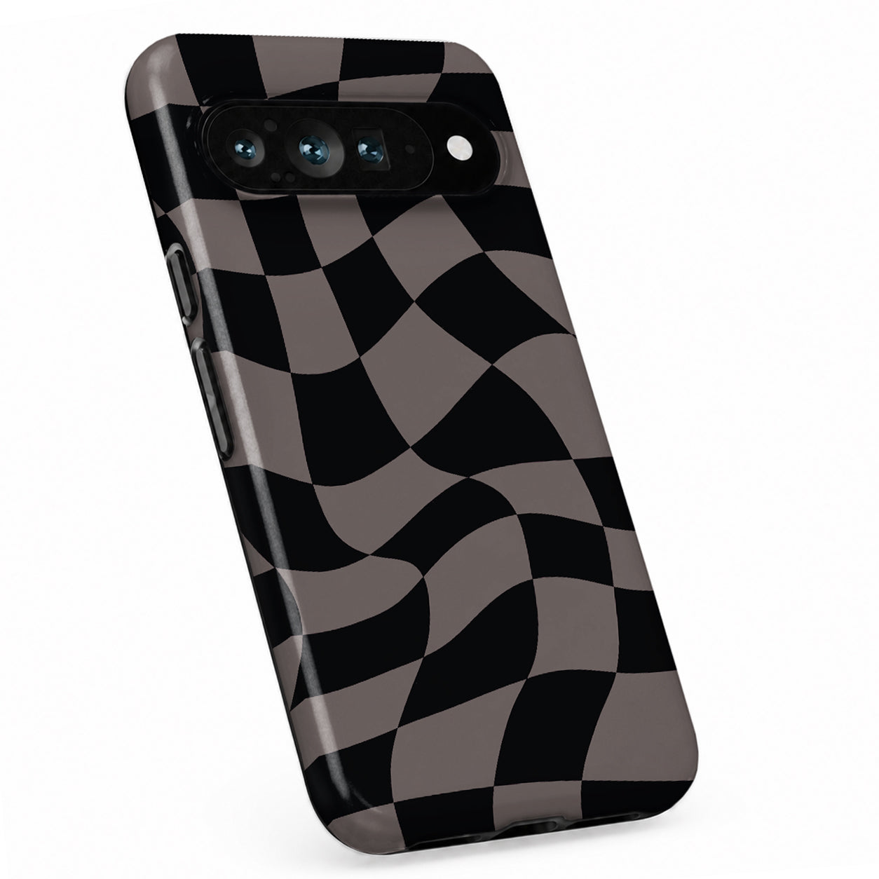 Black Taupe Wavy Checkerboard Google Pixel case with repeating checkerboard blocks