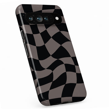 Black Taupe Wavy Checkerboard Google Pixel case with repeating checkerboard blocks