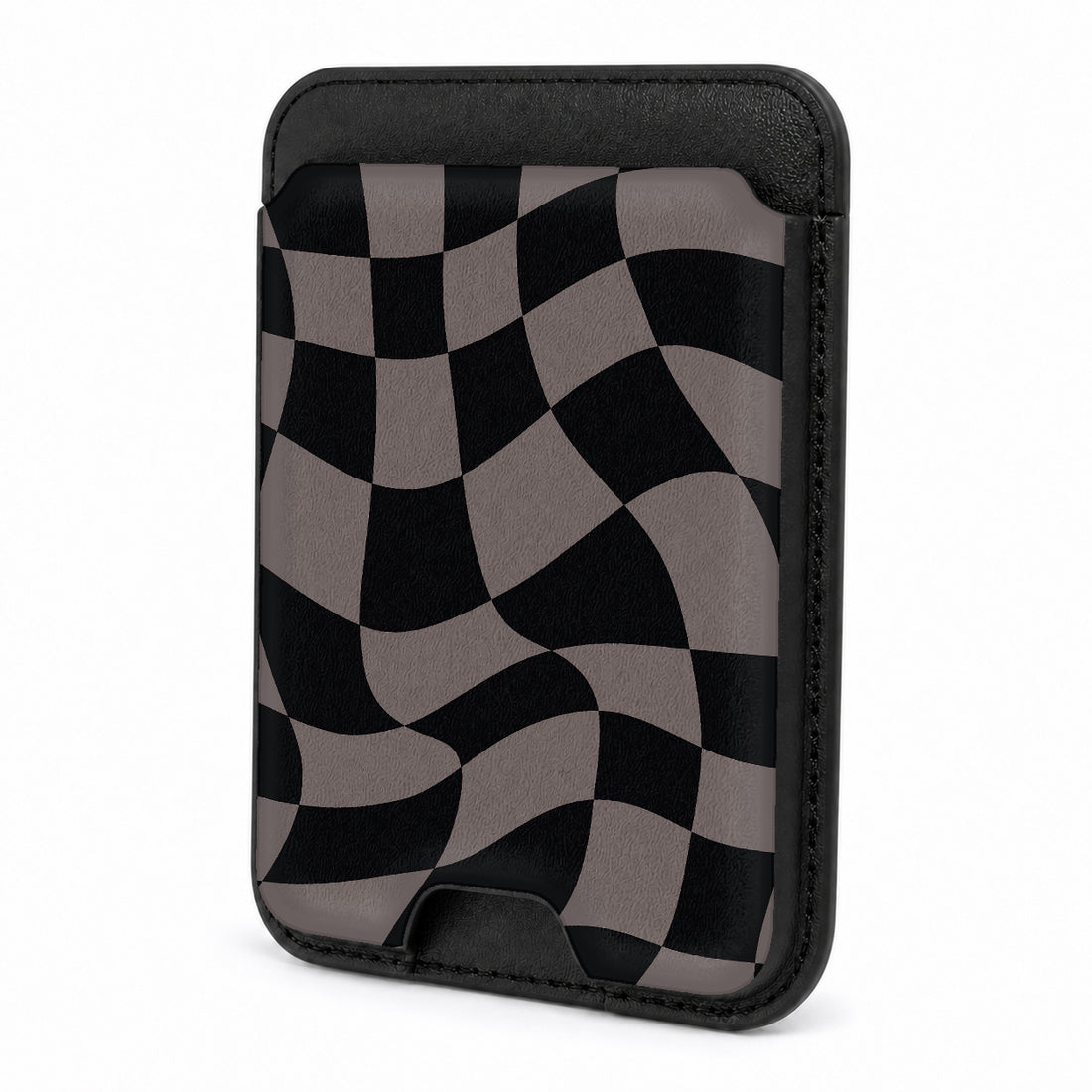 Front view of the Black Taupe Wavy Checkerboard MagSafe card holder on a white background