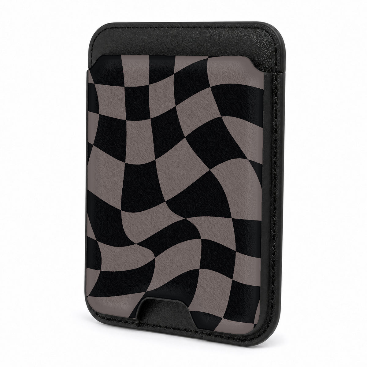 Front view of the Black Taupe Wavy Checkerboard MagSafe card holder on a white background