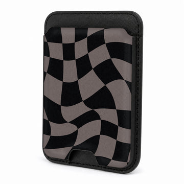 Front view of the Black Taupe Wavy Checkerboard MagSafe card holder on a white background
