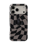 Black Taupe Wavy Checkerboard MagSafe Loop iPhone Case with built-in finger loop closed