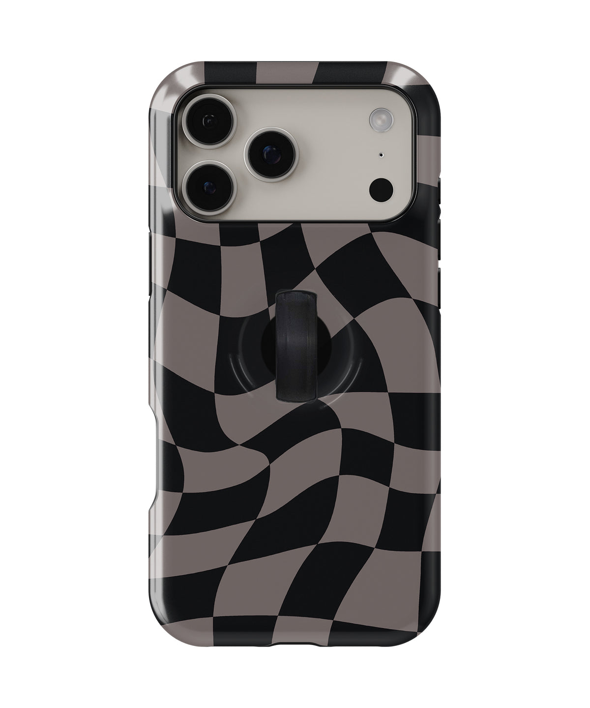 Black Taupe Wavy Checkerboard MagSafe Loop iPhone Case with built-in finger loop closed