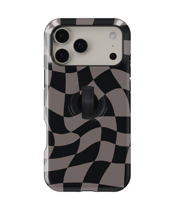 Black Taupe Wavy Checkerboard MagSafe Loop iPhone Case with built-in finger loop closed