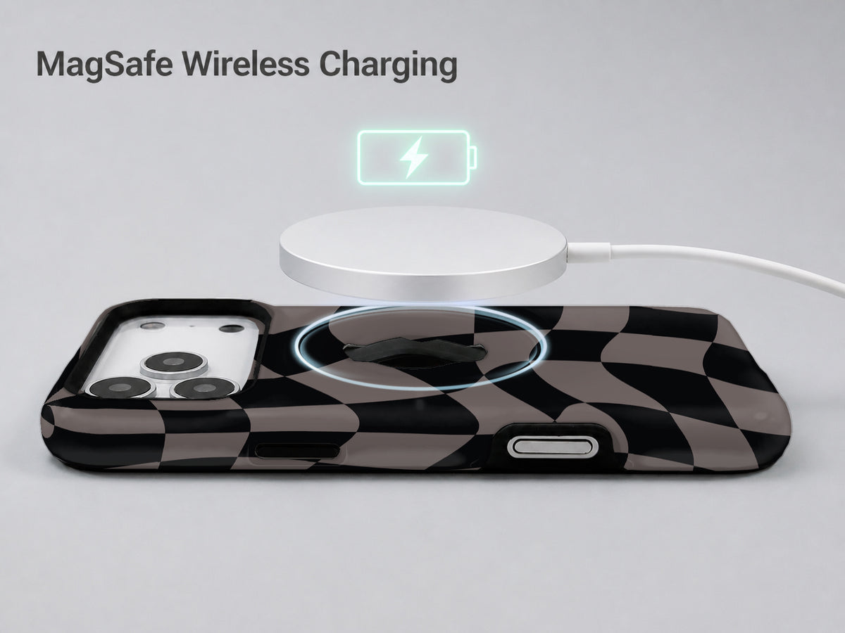 Black Taupe Wavy Checkerboard MagSafe Loop iPhone Case shown with a MagSafe-compatible wireless charger attached