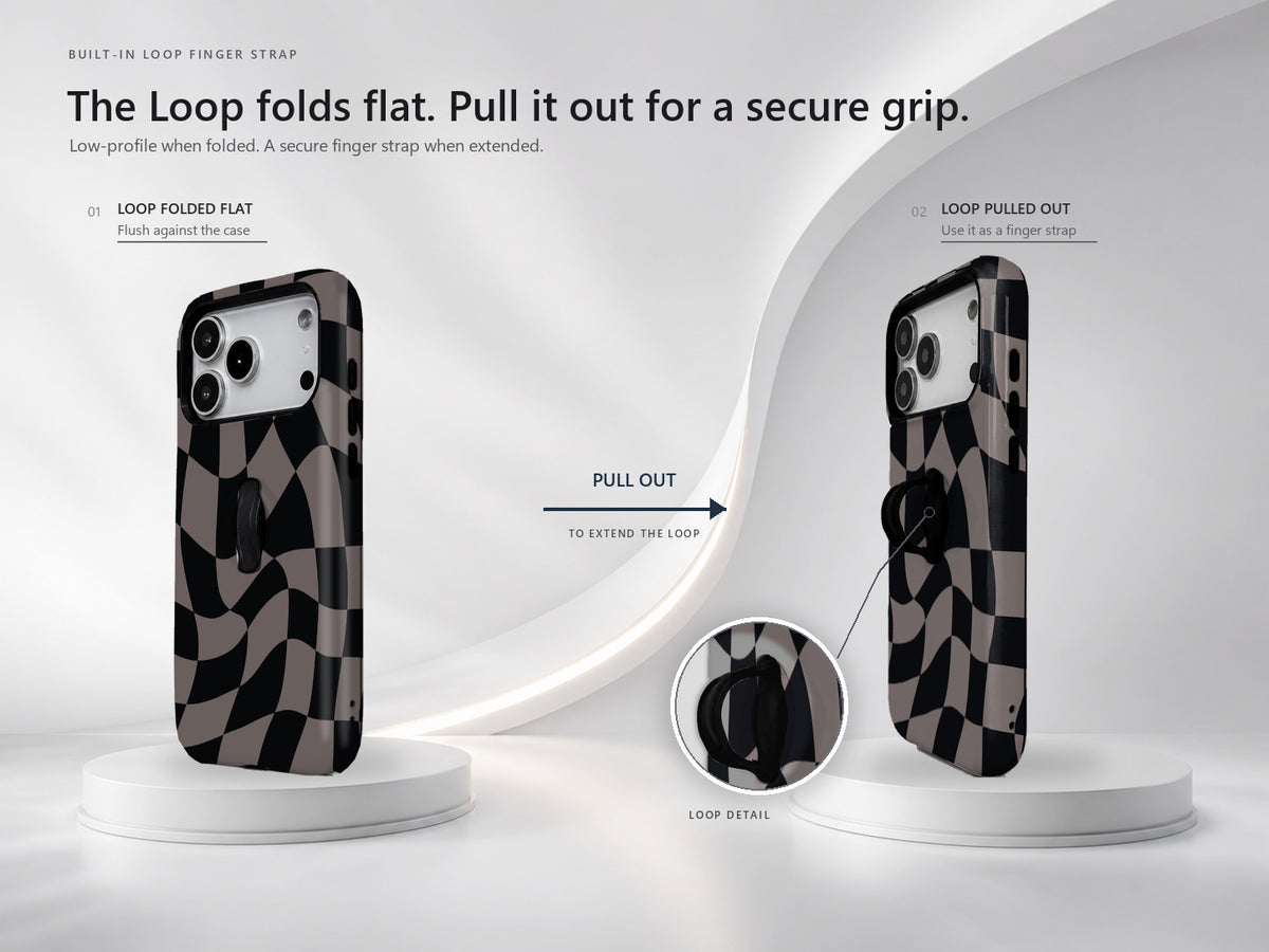 Black Taupe Wavy Checkerboard MagSafe Loop iPhone Case side view showing the built-in finger loop
