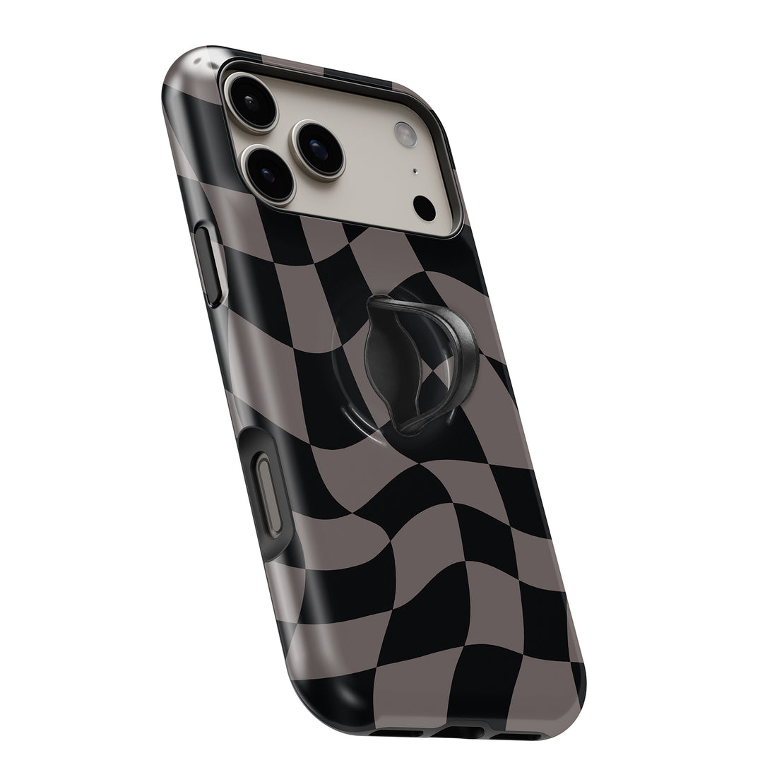 Black Taupe Wavy Checkerboard MagSafe Loop iPhone case with built-in finger loop open