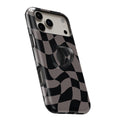 Black Taupe Wavy Checkerboard MagSafe Loop iPhone case with built-in finger loop open