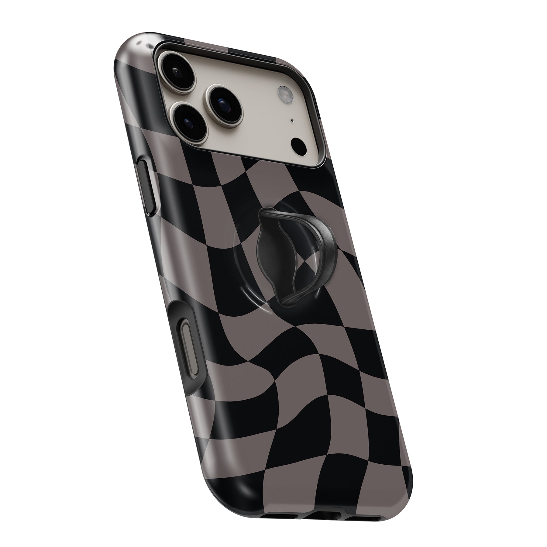 Black Taupe Wavy Checkerboard MagSafe Loop iPhone case with built-in finger loop open