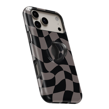 Black Taupe Wavy Checkerboard MagSafe Loop iPhone case with built-in finger loop open