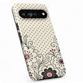 Black White Doodle Floral Google Pixel case with botanical flowers and leaves