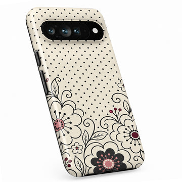 Black White Doodle Floral Google Pixel case with botanical flowers and leaves