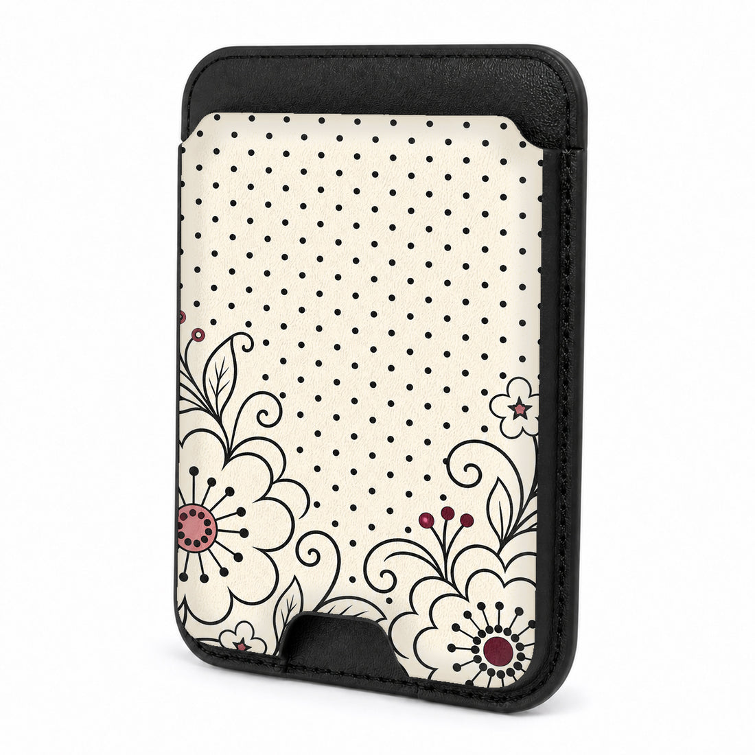 Front view of the Black White Doodle Floral MagSafe card holder on a white background