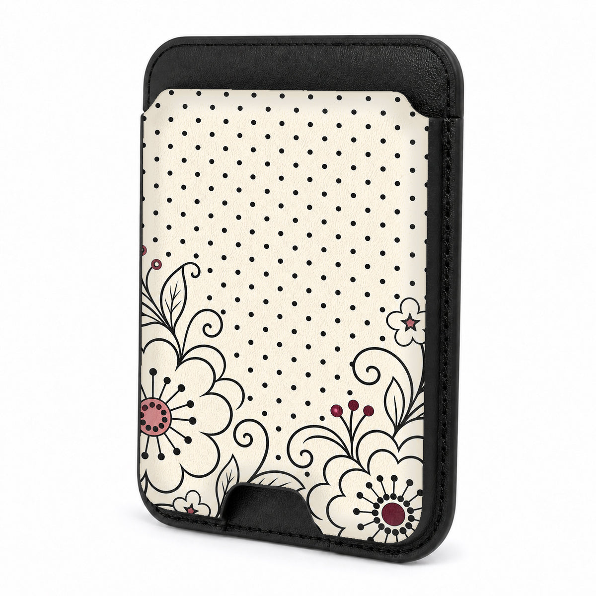 Front view of the Black White Doodle Floral MagSafe card holder on a white background