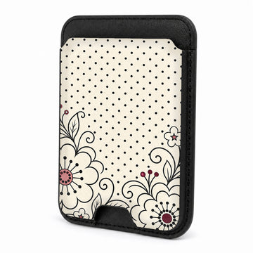 Front view of the Black White Doodle Floral MagSafe card holder on a white background