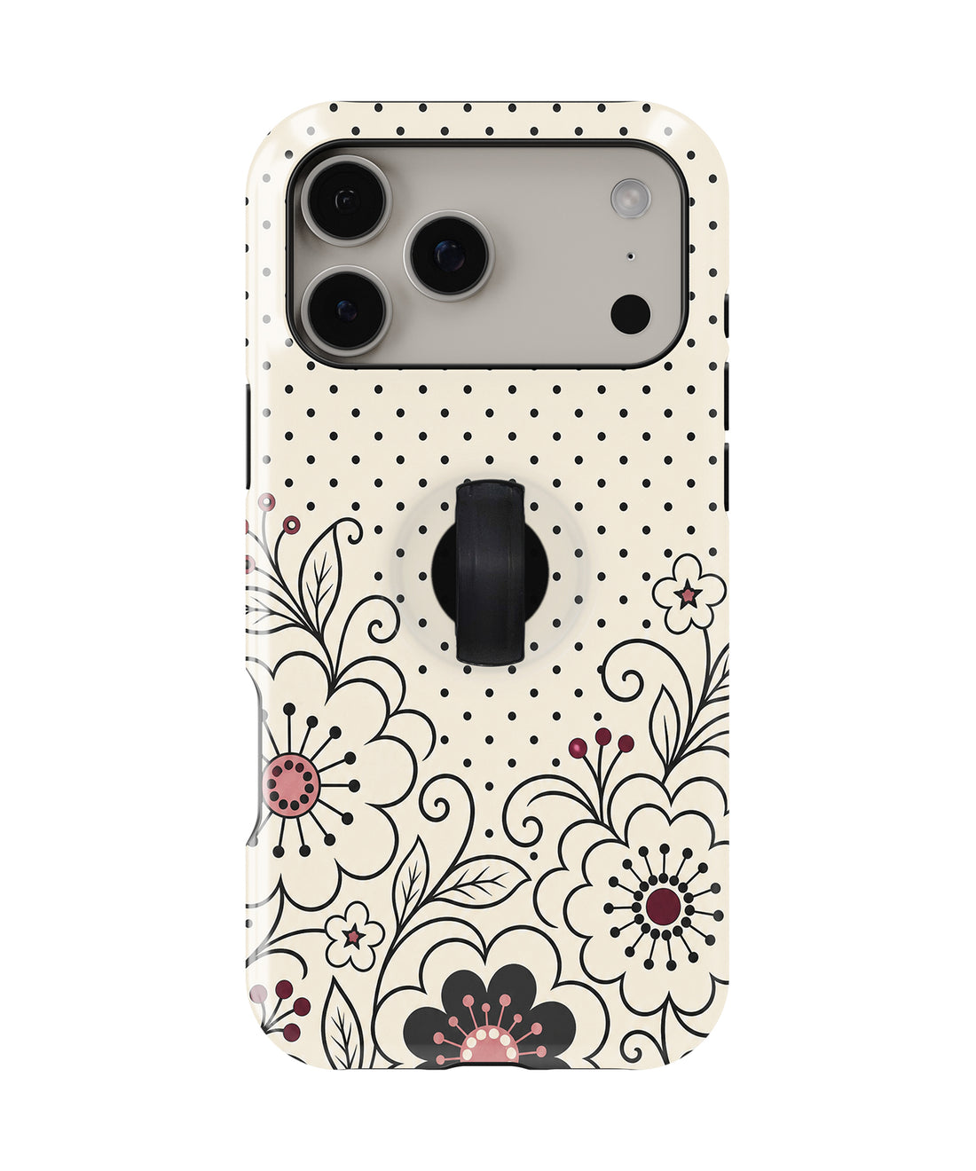 Black White Doodle Floral MagSafe Loop iPhone Case with built-in finger loop closed