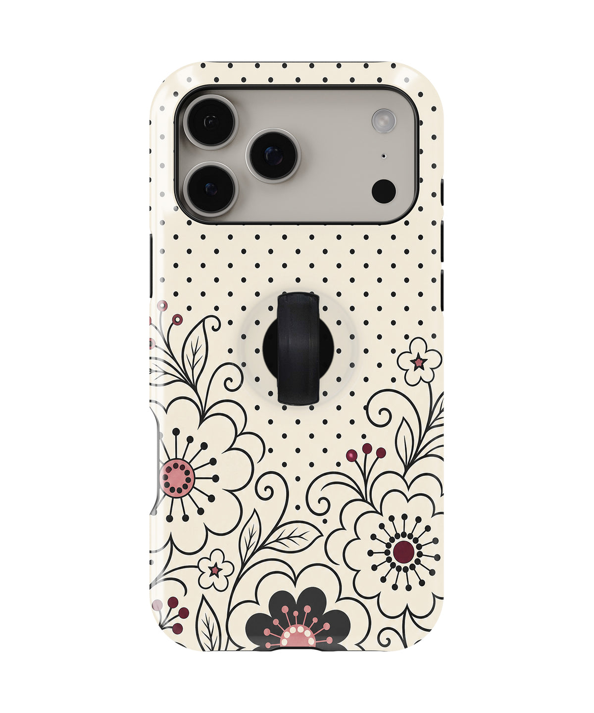 Black White Doodle Floral MagSafe Loop iPhone Case with built-in finger loop closed