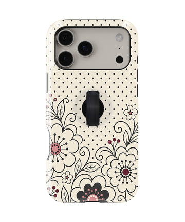 Black White Doodle Floral MagSafe Loop iPhone Case with built-in finger loop closed