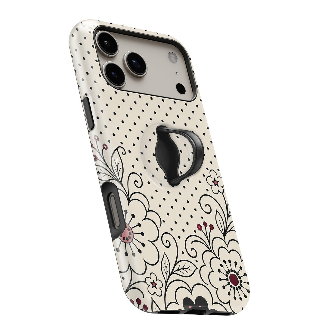 Black White Doodle Floral MagSafe Loop iPhone case with built-in finger loop open