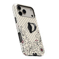 Black White Doodle Floral MagSafe Loop iPhone case with built-in finger loop open