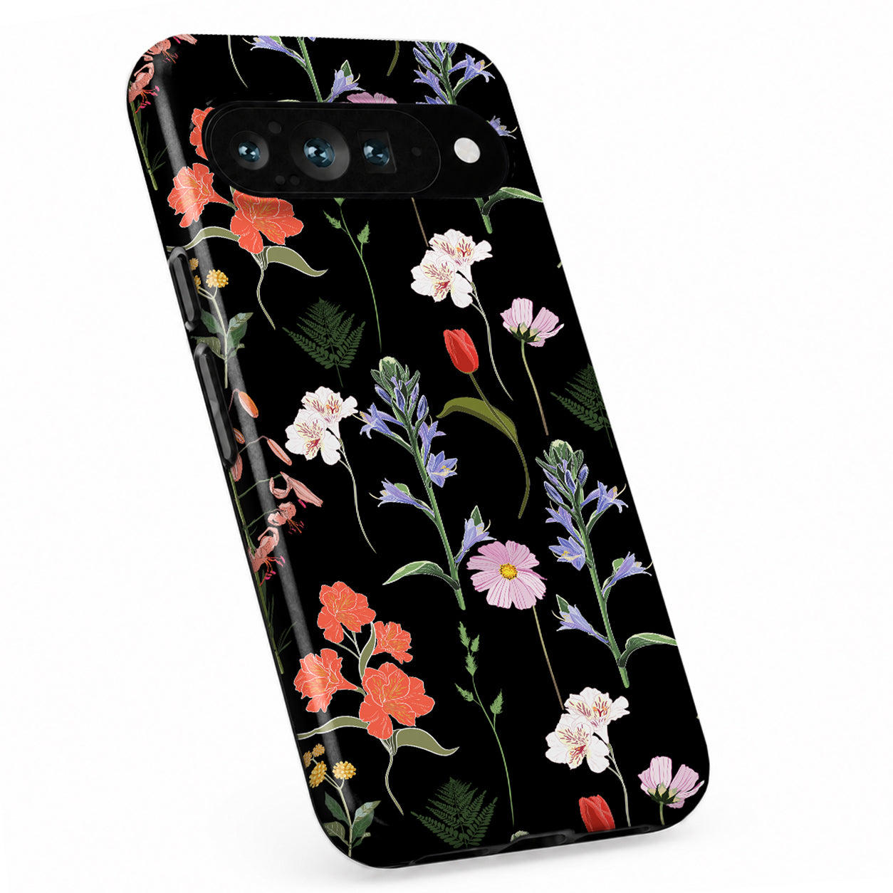 Black Wildflower Meadow Google Pixel case with botanical flowers and leaves