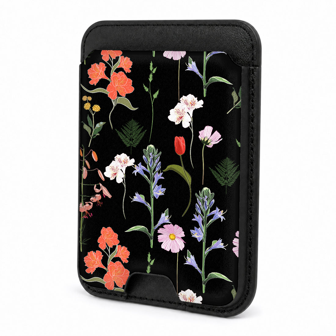 Front view of the Black Wildflower Meadow MagSafe card holder on a white background