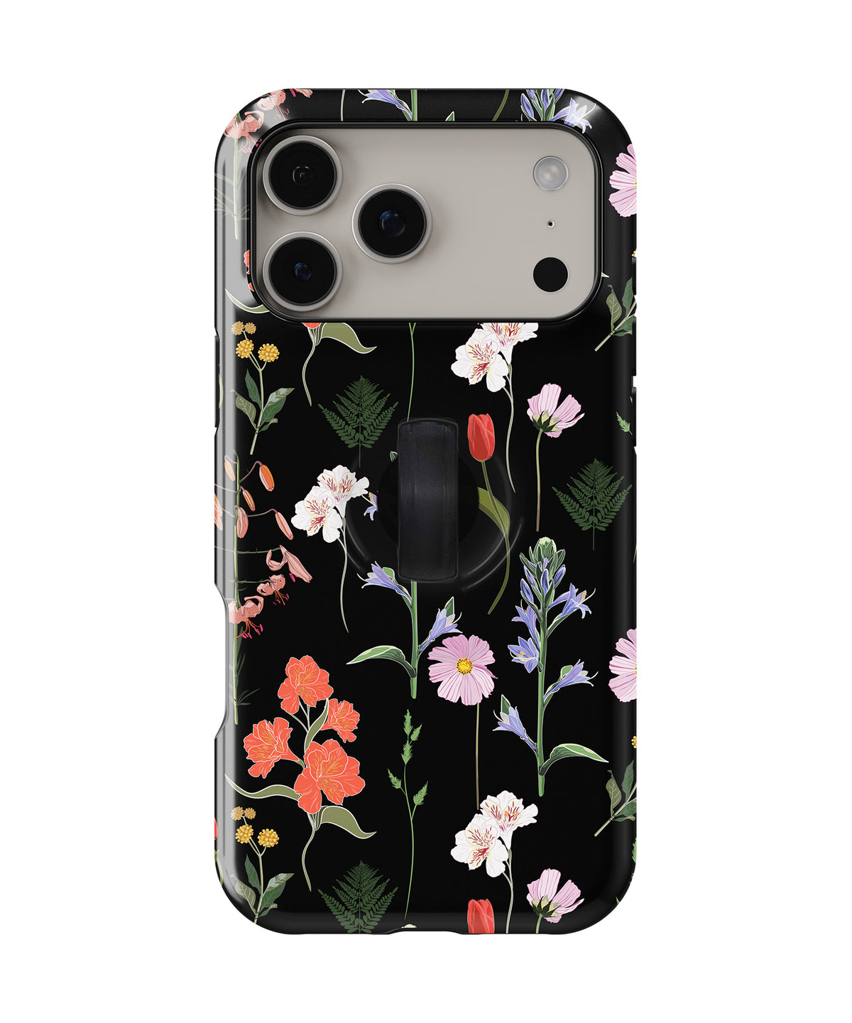 Black Wildflower Meadow MagSafe Loop iPhone Case with built-in finger loop closed