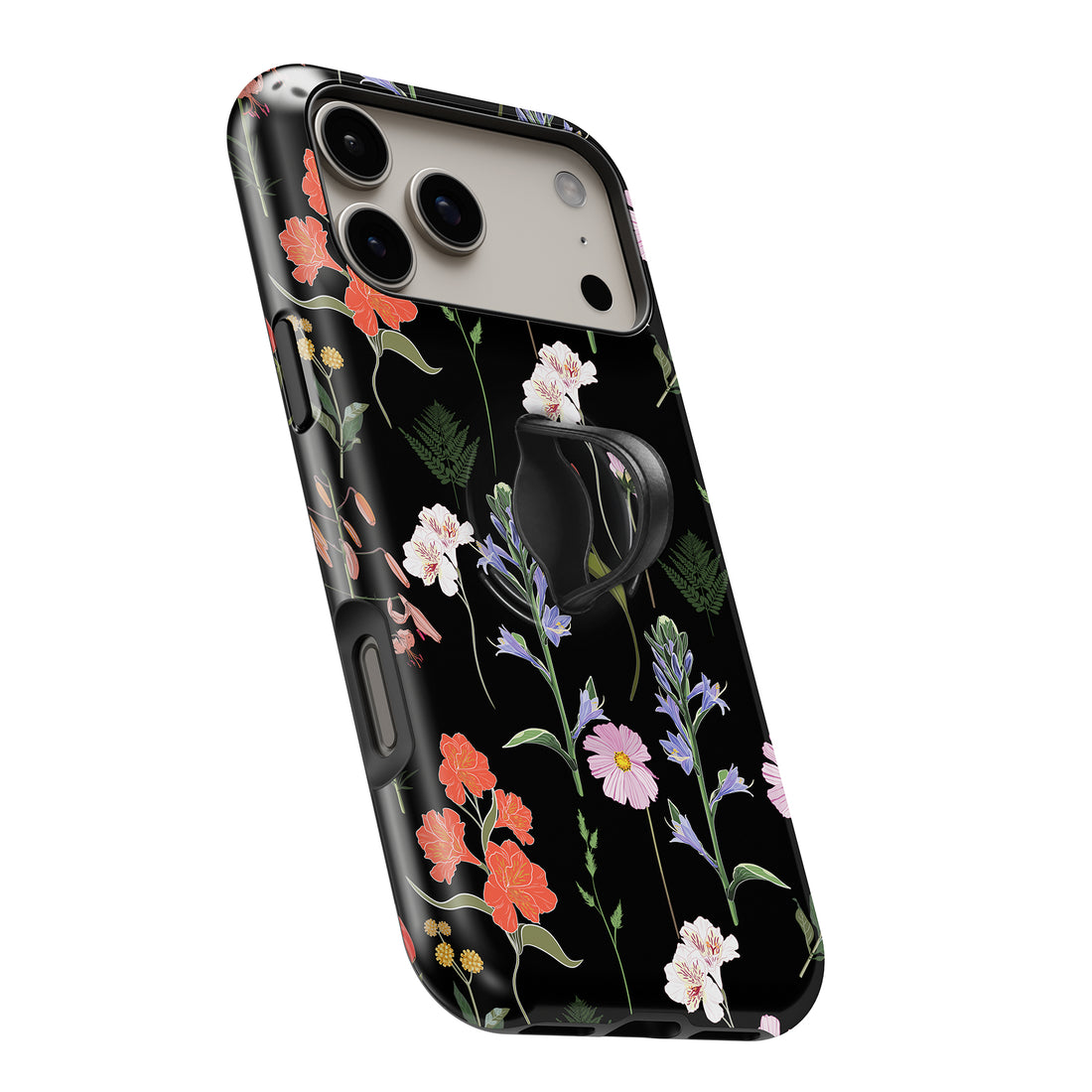 Black Wildflower Meadow MagSafe Loop iPhone case with built-in finger loop open