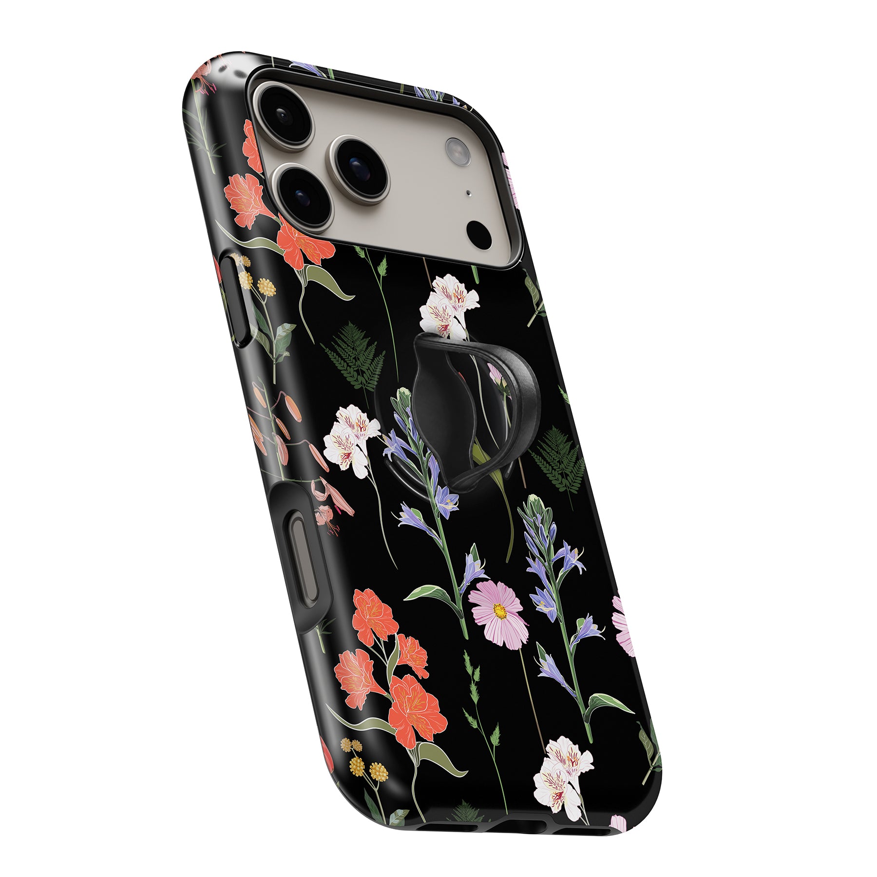 Black Wildflower Meadow MagSafe Loop iPhone case with built-in finger loop open