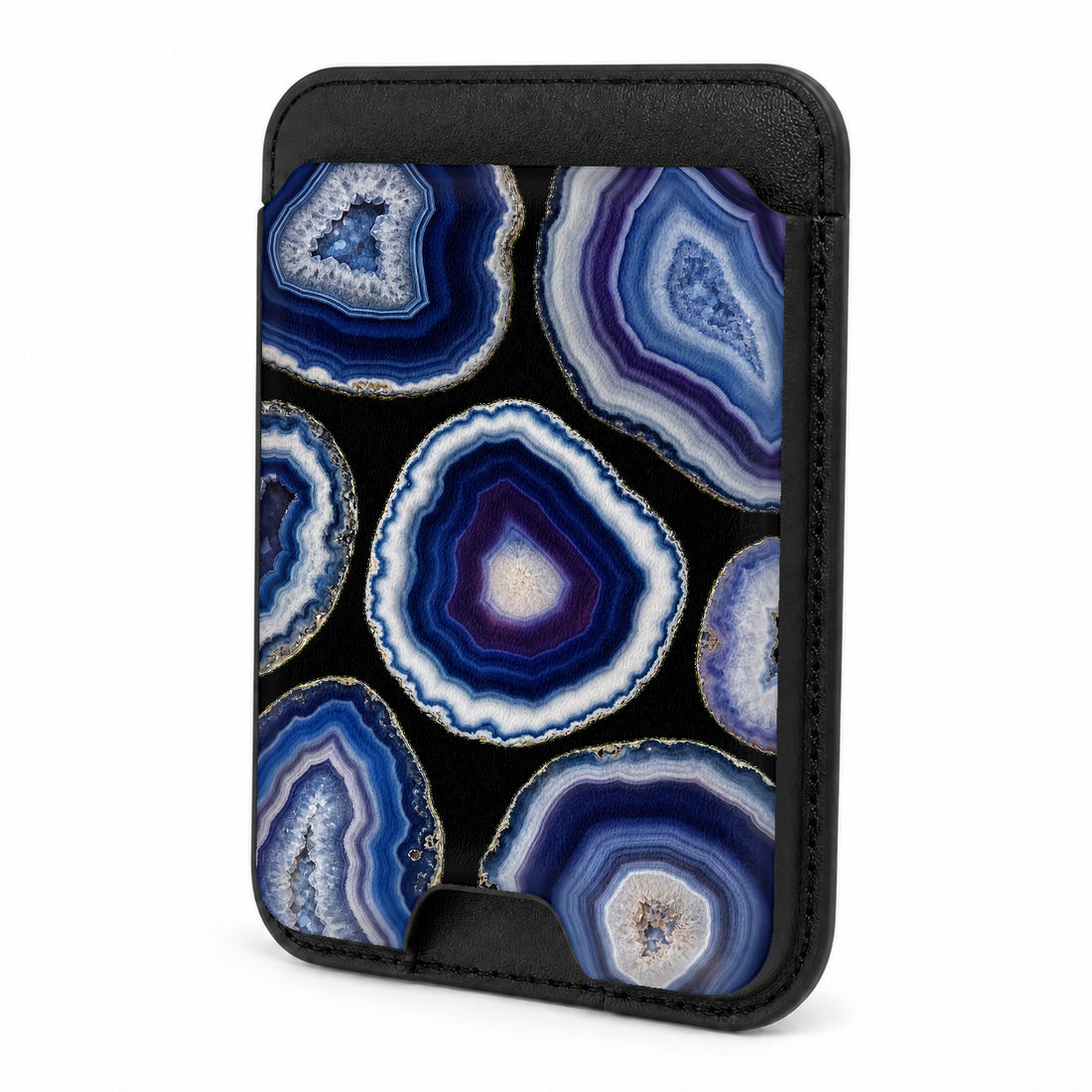 Front view of the Blue Agate Geode MagSafe card holder on a white background